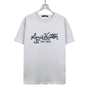 Louis Vuitton White Cotton T-Shirt With Black Script Logo Design Size Medium